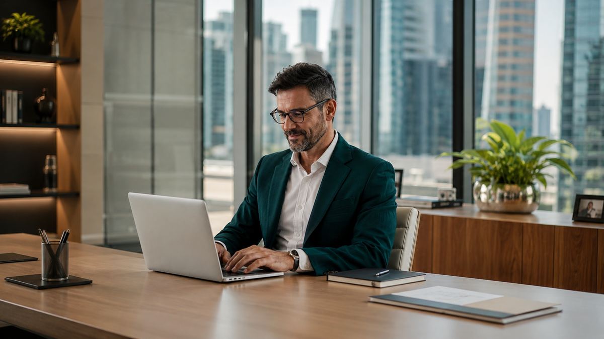 Investidor sorrindo enquanto trabalha em um notebook em um escritório com vista para a cidade