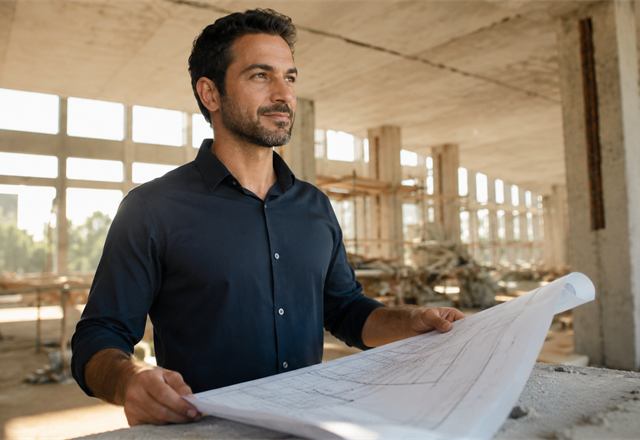 Engenheiro analisando a planta de uma obra de reforma