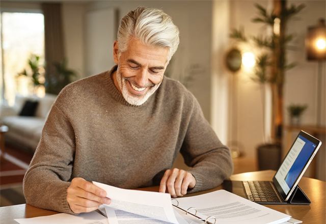 Servidor público sorrindo enquanto confere documentos em casa